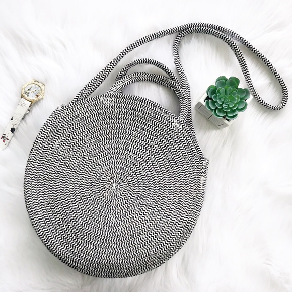 Two Tone Round Raffia Crossbody Bag - Picture 1 of 7